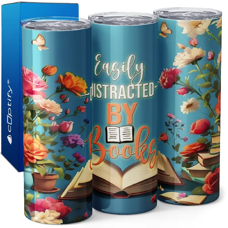 Vintage-inspired glass cups-Easily Distracted by Books with Flowers 20oz Skinny Tumbler