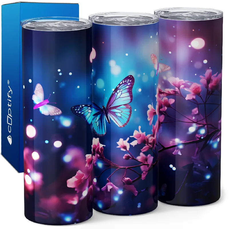 Classic white coffee cups-Flying Blue Butterfly with Flower 20oz Skinny Tumbler