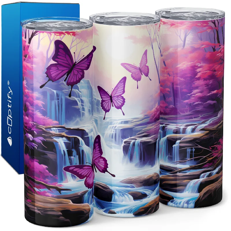 Stylish matte black tumblers-Flying Pink Butterflies 20oz Skinny Tumbler