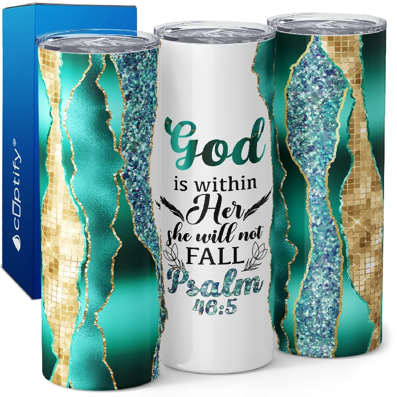 Designer glass cups with patterns-God is Within Her She Will Not Fall 20oz Skinny Tumbler