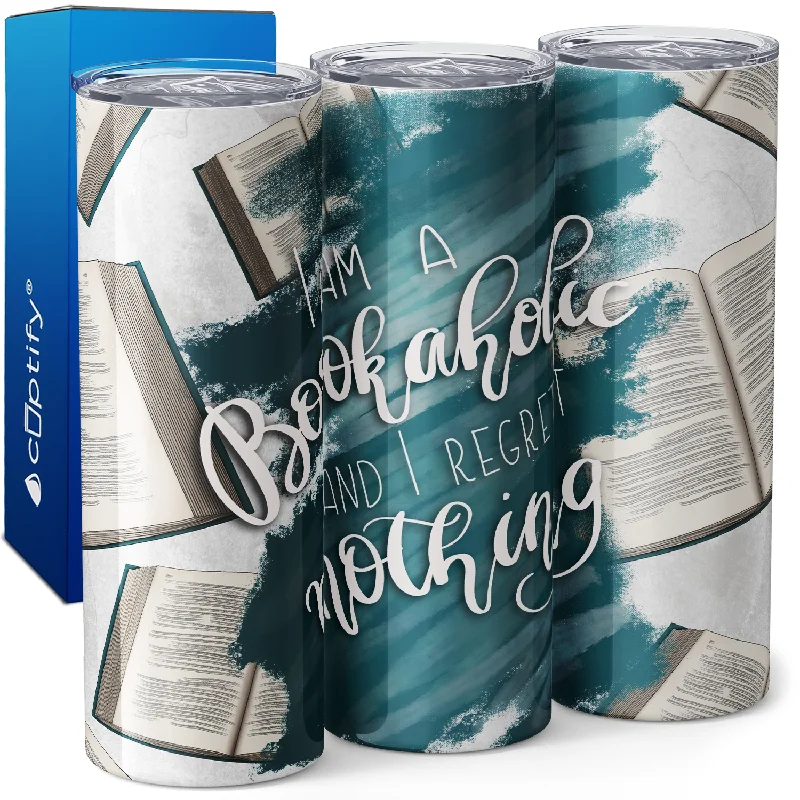 Luxury insulated tumblers for travel-I am a Bookaholic and I Regret Nothing 20oz Skinny Tumbler