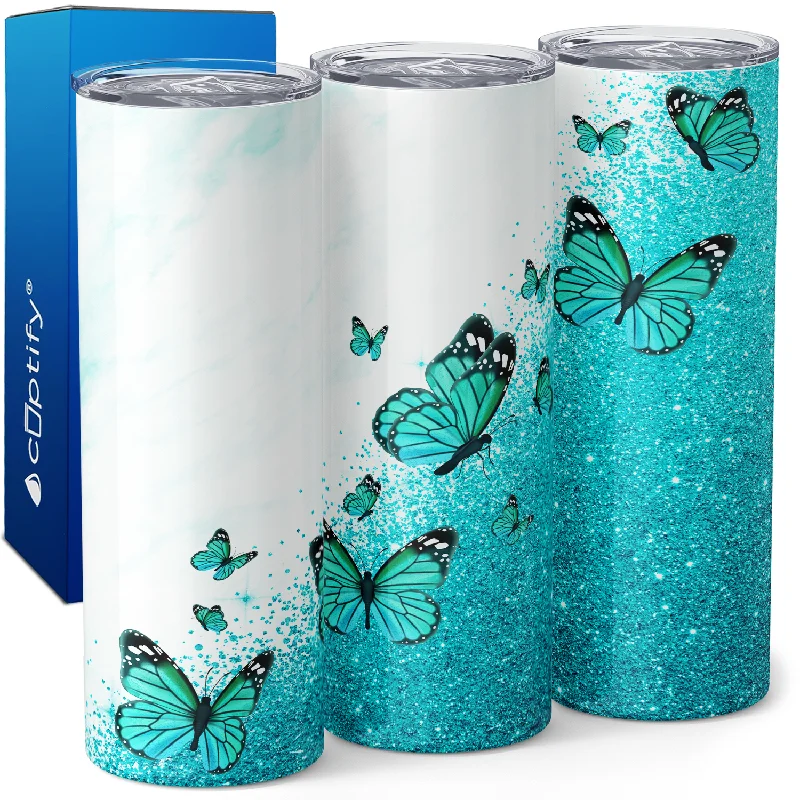 High-quality porcelain cups for guests-Light Blue Butterfly Glitters 20oz Skinny Tumbler