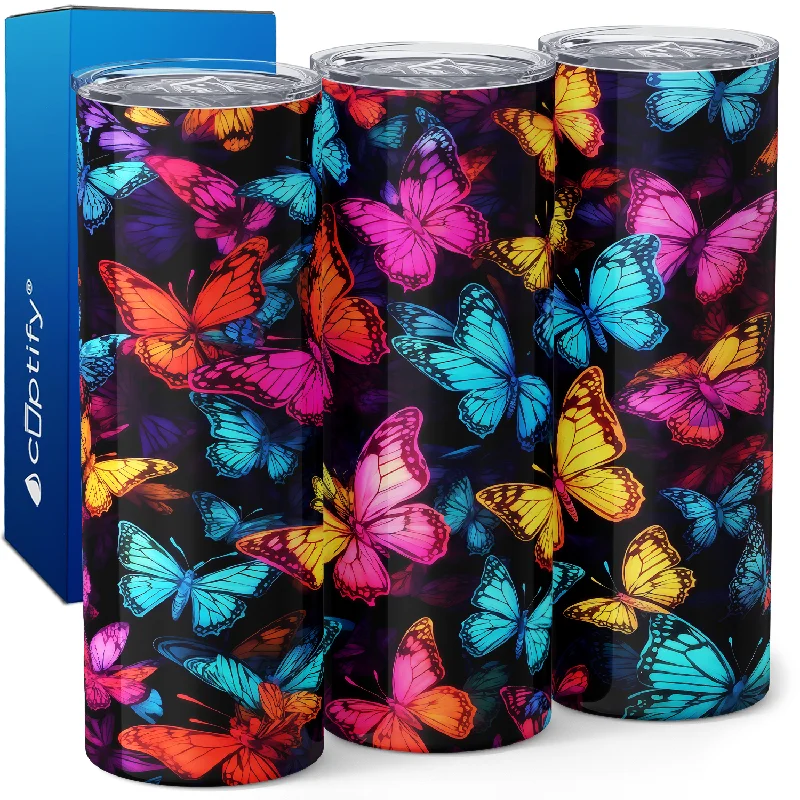 Compact glass mugs for espresso-Neon Butterflies 20oz Skinny Tumbler