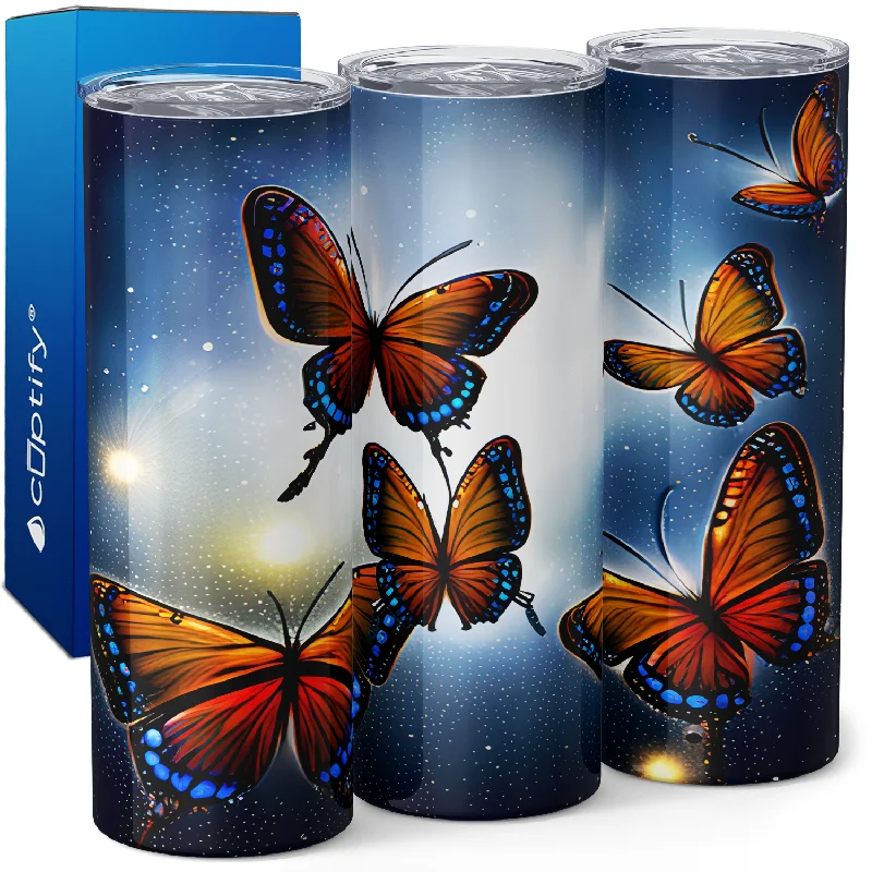 Etched glass tumblers for weddings-Orange and Blue Butterflies 20oz Skinny Tumbler