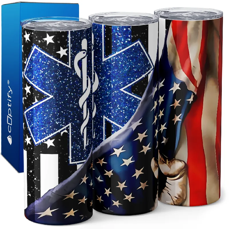 Casual plastic tumblers for kids-Paramedic Star of Life Glitter American Flag 20oz Skinny Tumbler