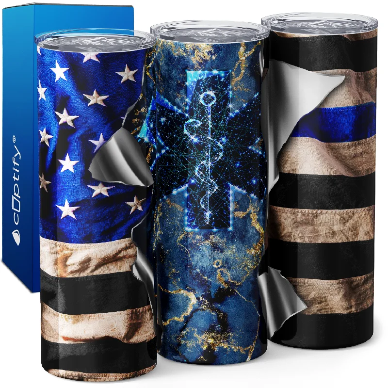 Designer ceramic cups with lids-Patriotic Paramedic Star of Life Flag 20oz Skinny Tumbler