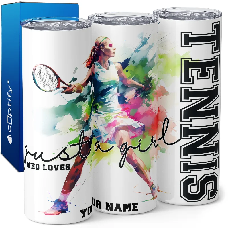 Compact collapsible cups for camping-Personalized Just a Girl Who Loves Tennis Watercolor 20oz Skinny Tumbler