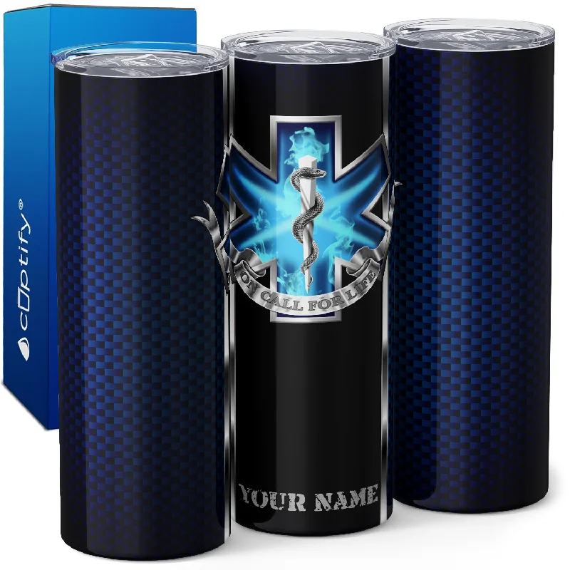 Large stainless steel cups for water-Personalized On Call for Life Blue Carbon Fiber 20oz Skinny Tumbler