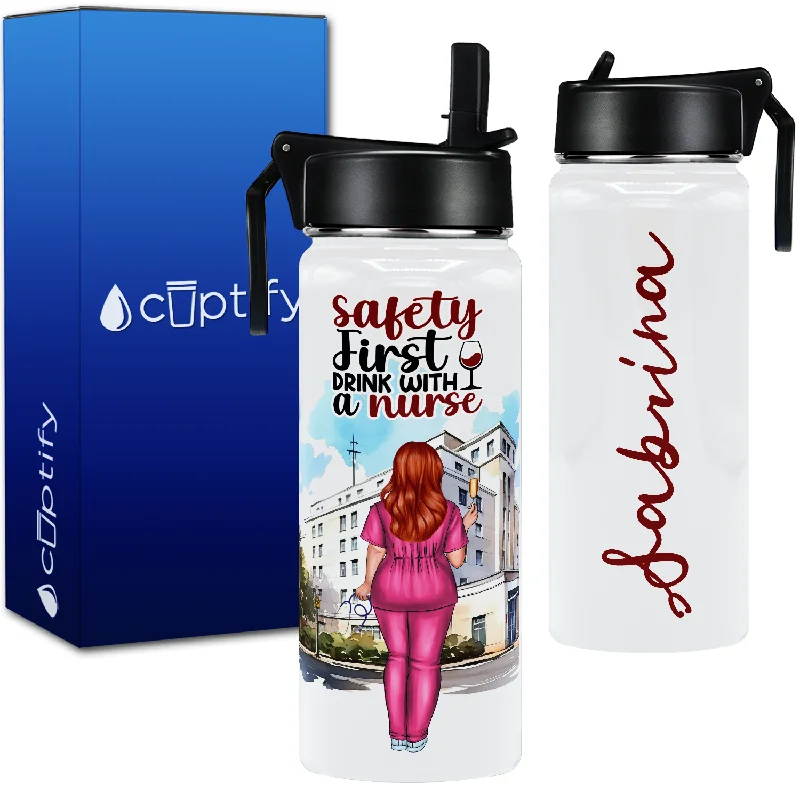 Luxury insulated tumblers for travel-Personalized Safety First, Drink With a Nurse 18oz Water Bottle