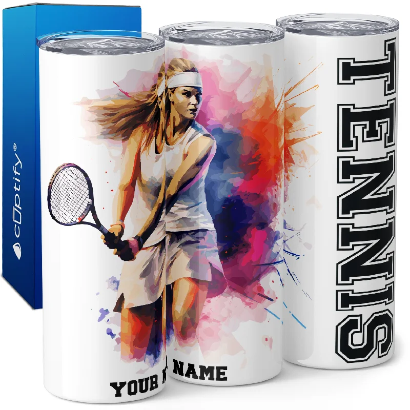 Luxury glass tumblers for water-Personalized Tennis Girl Watercolor 20oz Skinny Tumbler