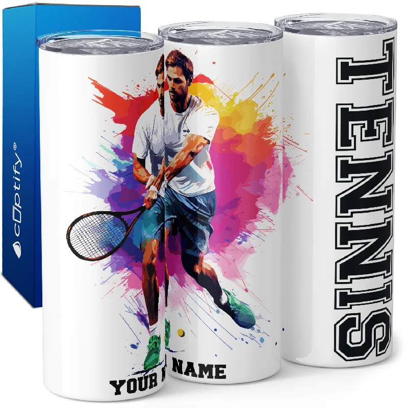 Chic matte mugs for modern style-Personalized Tennis Guy Watercolor 20oz Skinny Tumbler