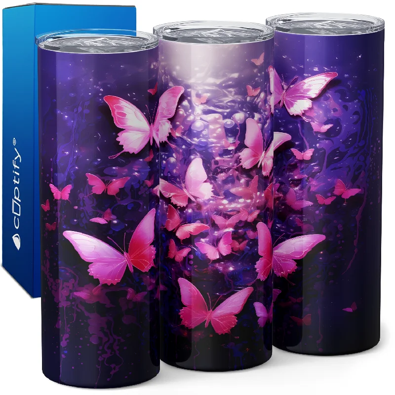 Trendy ombre glass tumblers-Pink Butterflies 20oz Skinny Tumbler