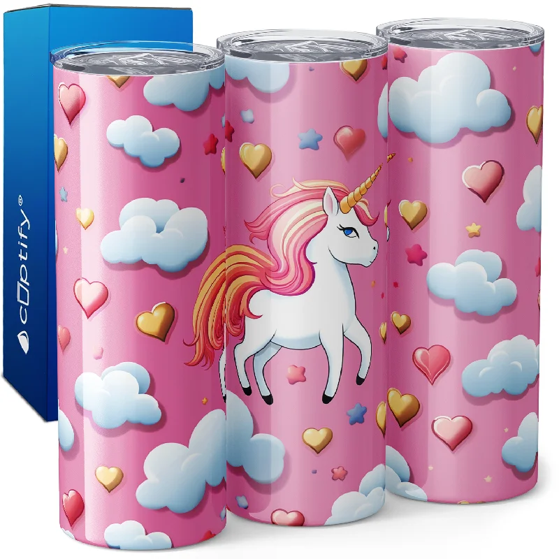 Trendy pastel tumblers for women-Pink Unicorn and Hearts 20oz Skinny Tumbler