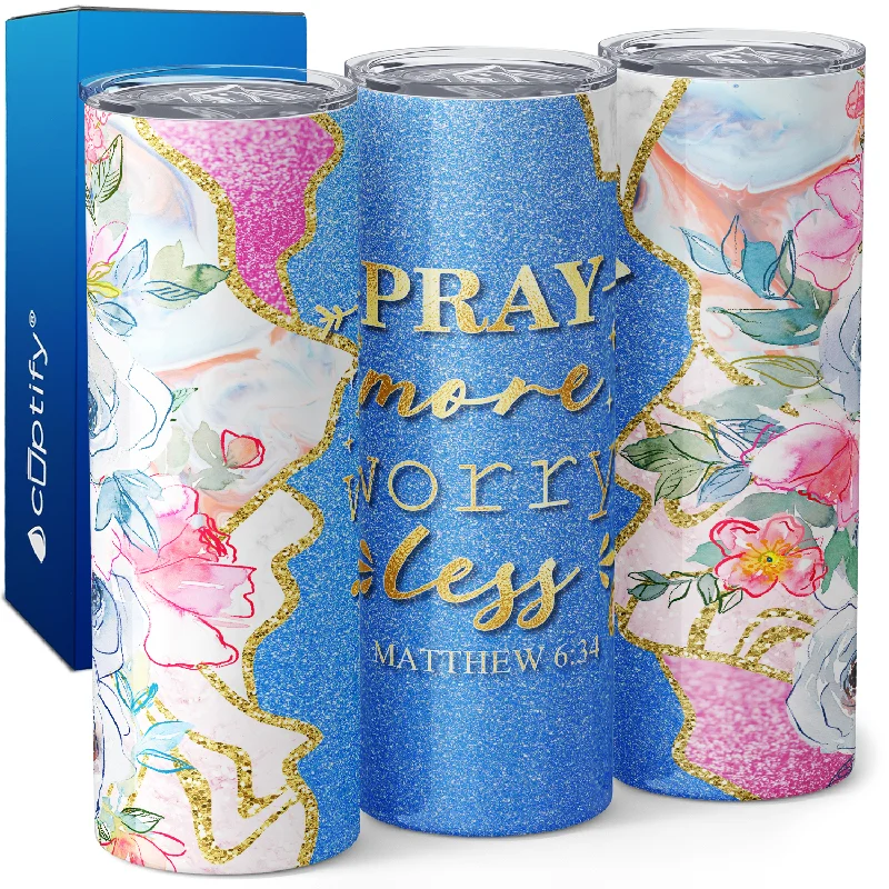 Affordable ceramic tumblers for home-Pray More Worry Less Matthew 6:34 20oz Skinny Tumbler