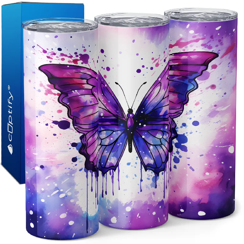 Lightweight travel mugs for hiking-Purple Butterfly Watercolor 20oz Skinny Tumbler