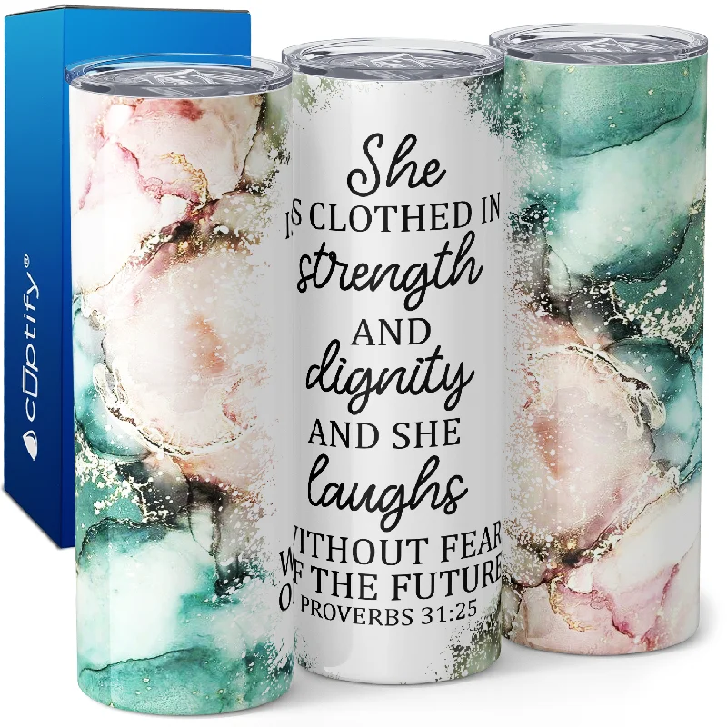 Waterproof coffee mugs for camping-She Is Clothed in Strength Proverbs 31:25 20oz Skinny Tumbler