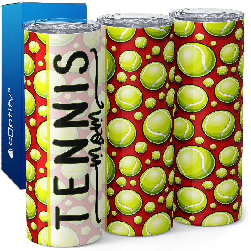 Custom-printed ceramic mugs for gifts-Tennis Mom on Tennis Balls Red 20oz Skinny Tumbler