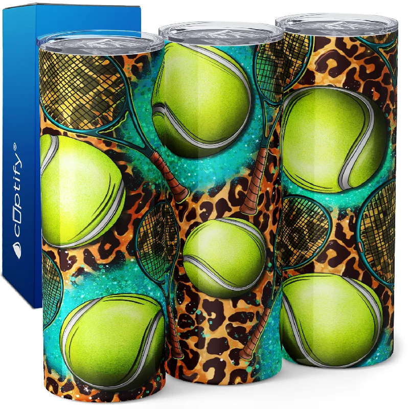 Trendy ombre glass tumblers-Tennis Rackets and Balls on Leopard Print 20oz Skinny Tumbler