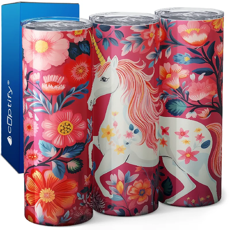 Stylish silicone tumblers for camping-Unicorn and Flowers 20oz Skinny Tumbler