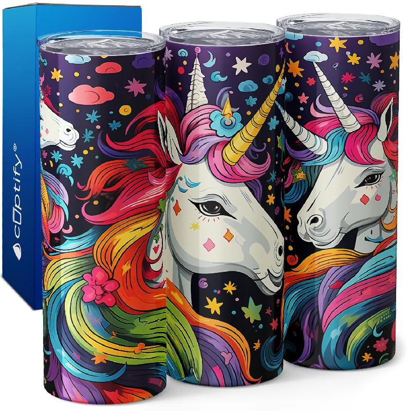 Personalized travel mugs for women-Unicorns Rainbow Hair 20oz Skinny Tumbler